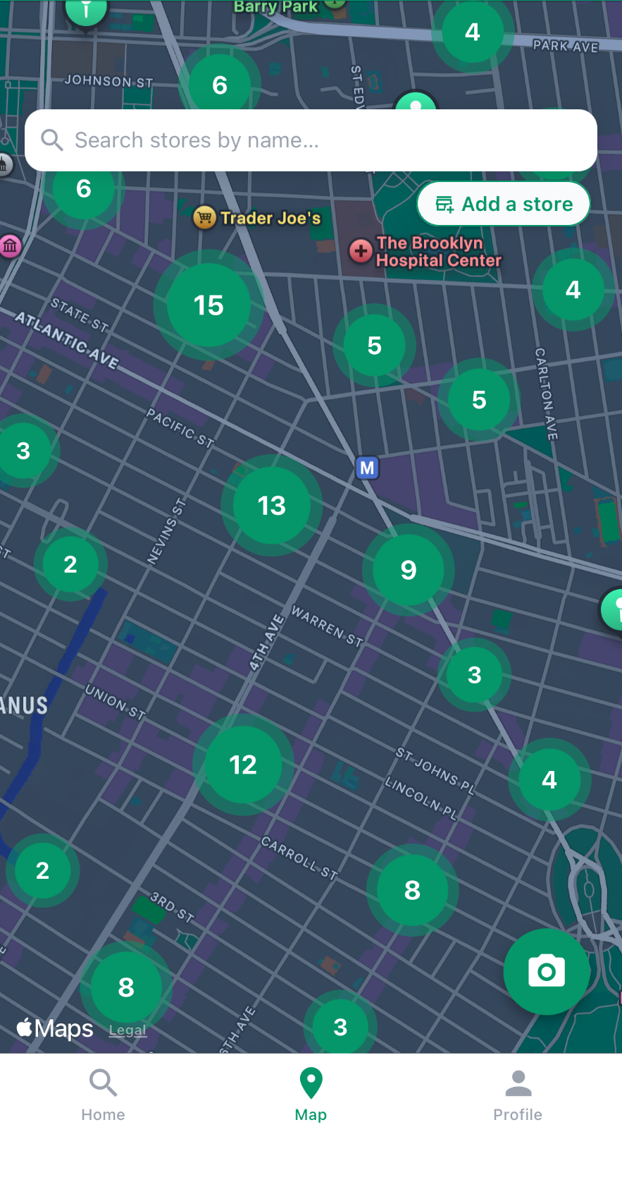 ShelfScout map view showing clusters of NYC stores