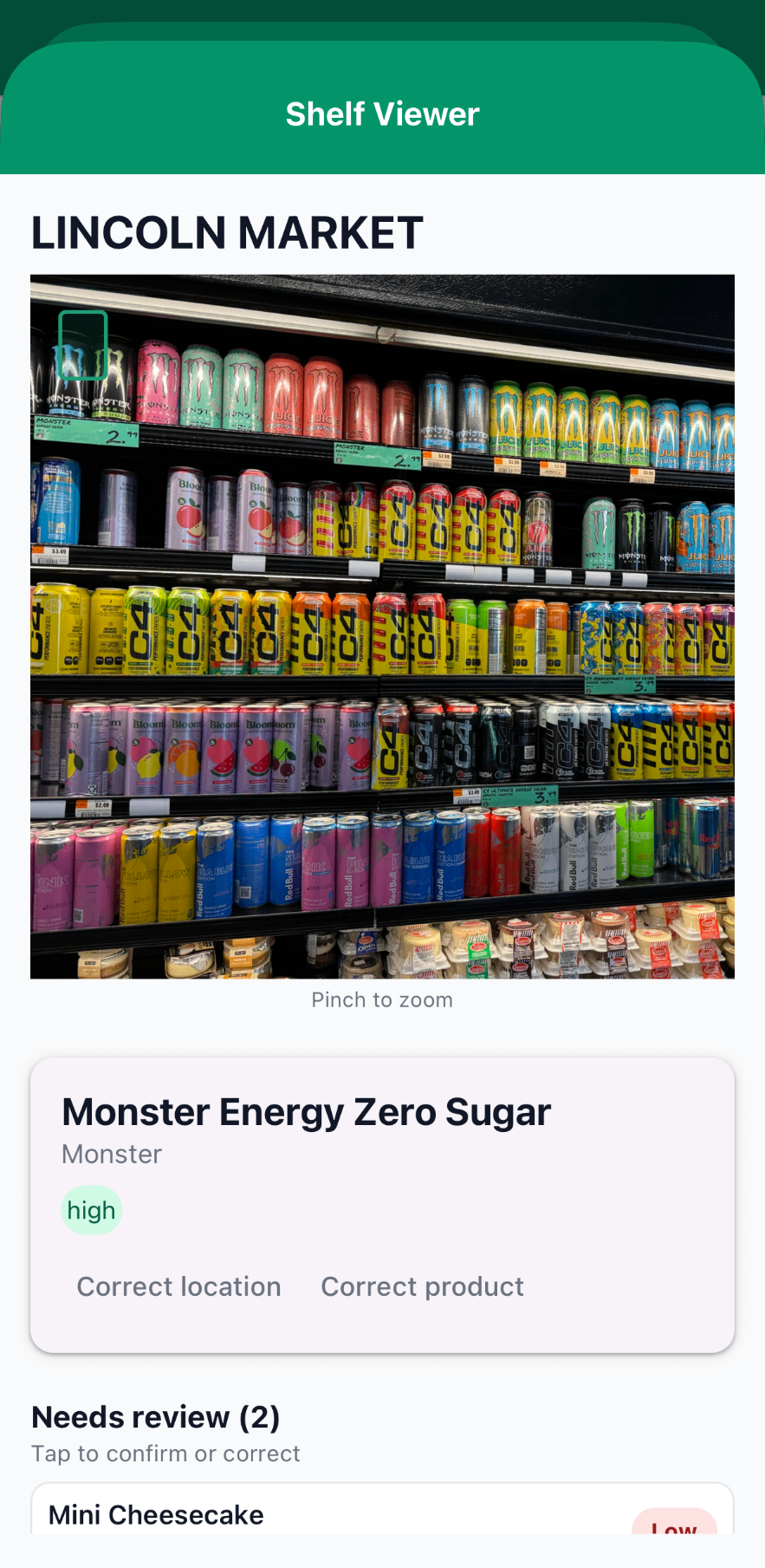ShelfScout shelf viewer showing Monster Energy detection at Lincoln Market